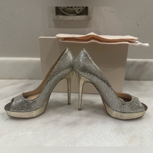 Jimmy Choo Crown Champagne Glitter Sparkle Peep Toe Heels - Picture 8 of 9